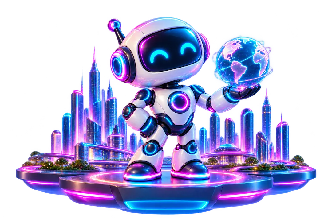 Robot holding a globe in front of a city